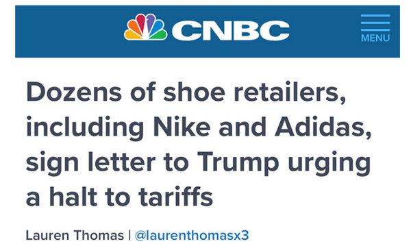 NIKE 及多家运动巨头联名致信美国总统停止中国鞋类加税